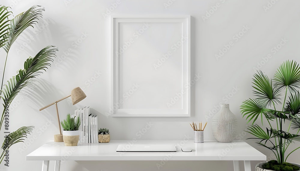 Poster create a white frame mockup in a serene, minimalist office setting, clean lines and simple decor
