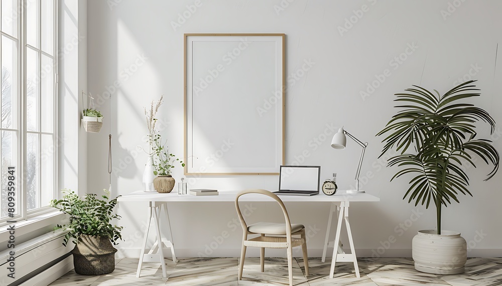 Poster create a white frame mockup in a serene, minimalist office setting, clean lines and simple decor