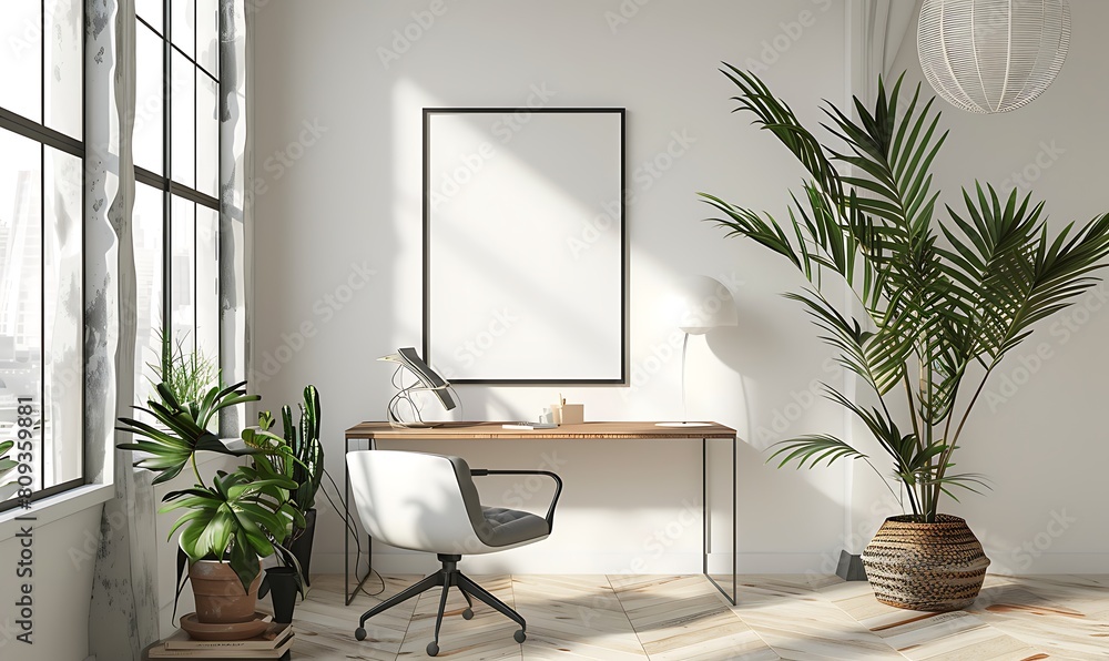 Poster mockup frame in a light, airy office space. clean, minimalist design with a focus on simplicity and 