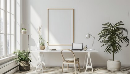 Create a white frame mockup in a serene, minimalist office setting, clean lines and simple decor