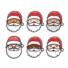 Nine cartoon Santa Claus faces diverse ethnicities, smiling beards holiday emotions. Set Santas, jolly expressions, cultural variety, cheerful festive characters. Cute Santa illustrations Christmas