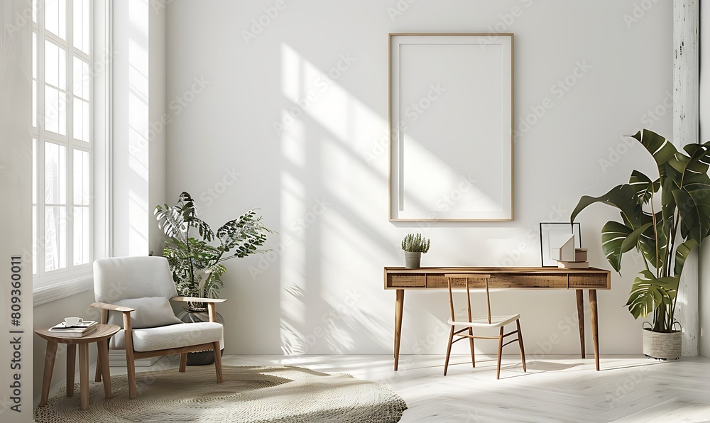 Aufkleber mockup frame in a light, airy office space. clean, minimalist design with a focus on simplicity and 