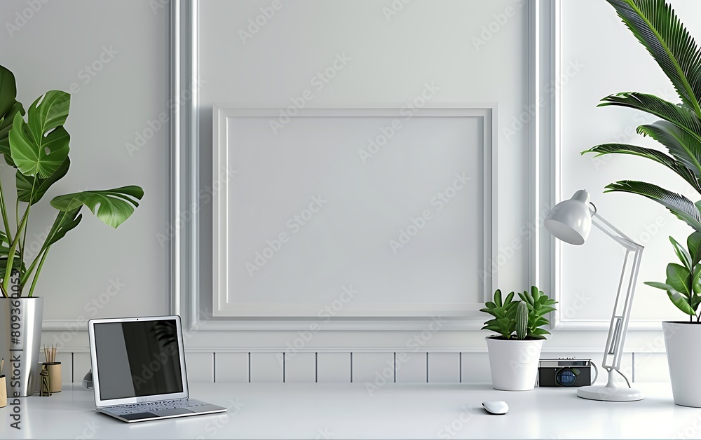 Poster white frame mockup against a clean, cozy office background. emphasized simplicity and neatness in th