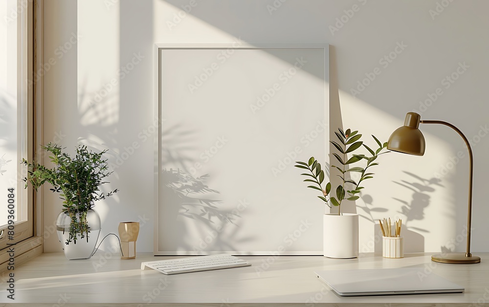 Poster white frame mockup against a clean, cozy office background. emphasized simplicity and neatness in th