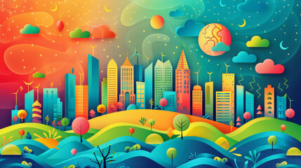 Obraz premium Circular Economy : Colorful illustration of a whimsical cityscape with undulating landscapes under a vibrant sky featuring whimsical planets and stars; a blend between fantasy and reality.