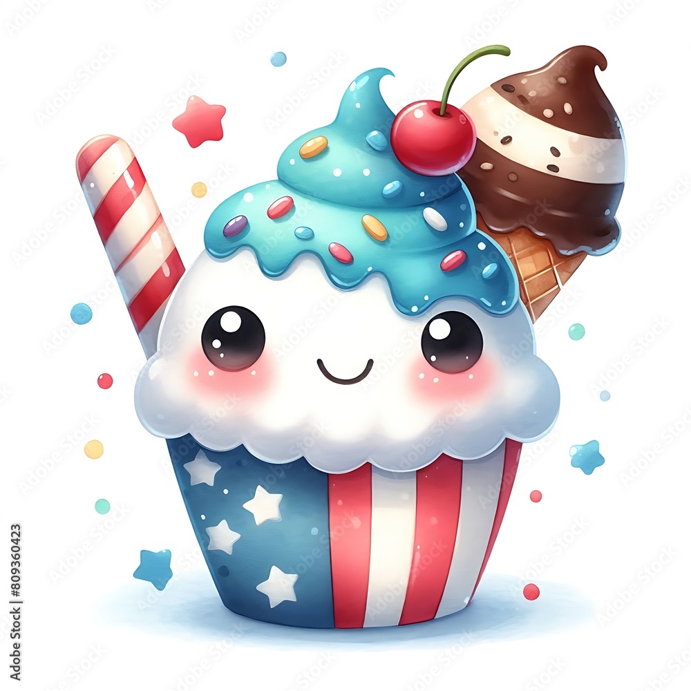 Wall mural watercolor 4th of july cute ice cream on a white background. independence day card.