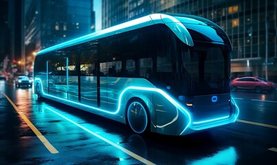 Modern bus in the city at night. Transport concept.