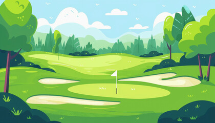 A stylized illustration of a vibrant golf course with green fairways, sand bunkers, a flagstick on the green, trees, and a cheerful blue sky background.