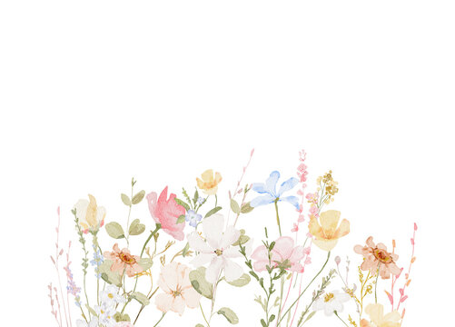Watercolor Wildflowers border - illustration with delicate flowers, for wedding stationary, greetings, wallpapers, fashion, backgrounds, textures, DIY, wrappers, cards.