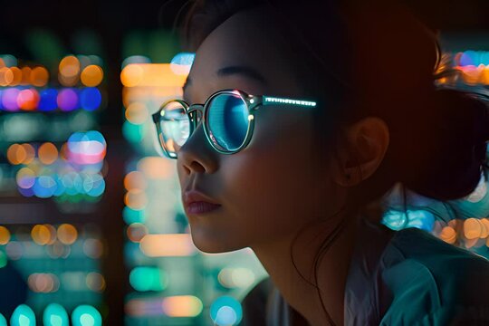 A woman deeply engaged in coding, her face illuminated by the soft glow of multiple screens.