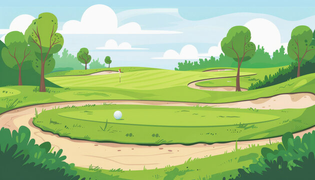 Illustration of a serene golf course with a sand bunker in the foreground, putting green in the distance, and lush trees under a clear sky.