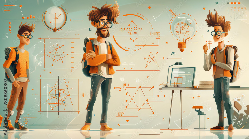 Poster the image depicts three stylized cartoon characters resembling students or scientists in a room deco