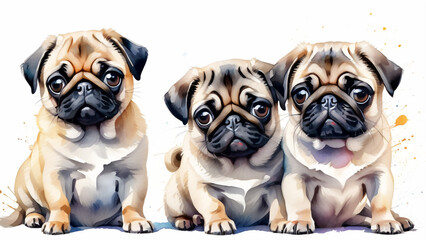 Three pug puppies resting side by side on a white background. AI created.