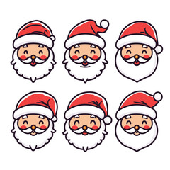 Collection six Santa Claus faces expressing different emotions. Santa has distinct facial expression, showcasing happiness, surprise, contentment, while wearing traditional red hats. Cartoon style