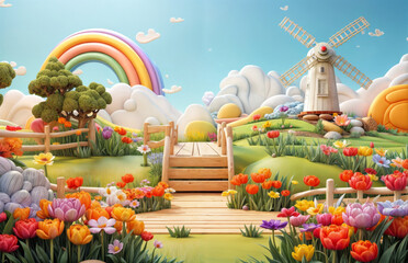 Spring landscape with tulips and windmill. 3D rendering.