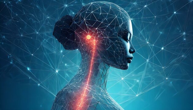 Cuerpo humano digital mostrando puntos de dolor en estilo poligonal. Silueta de alambre sobre fondo azul de baja poligonalidad. Modelo futurista masculino o femenino. Ilustraci&oacute;n 3D vectorial 