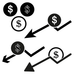 Declining dollar value graph. Vector economic icons. Financial downturn concept.