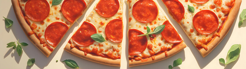 Pepperoni pizza with mozzarella cheese, tomato and basil on a light background.