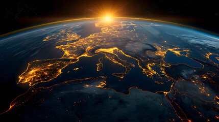 Earth from space during sunrise with visible country borders. 3D illustration.