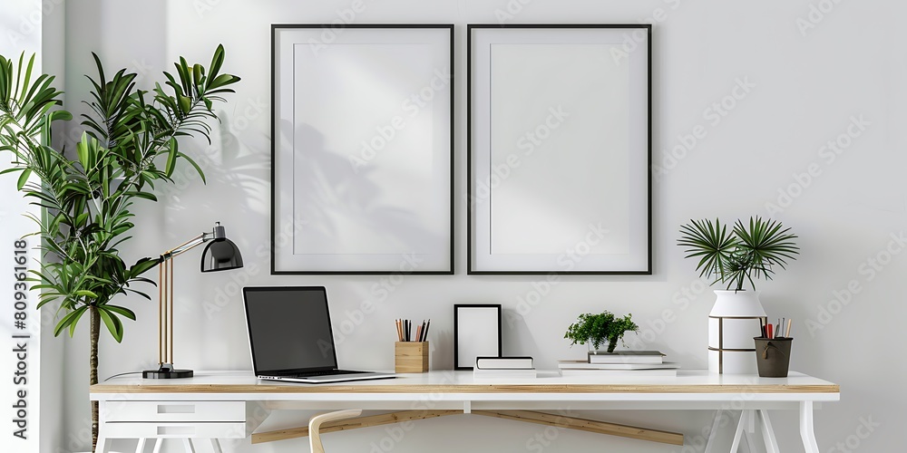 Poster mockup frame in a bright, simple office interior. Minimalist setup with clean lines and a clutter-free desk