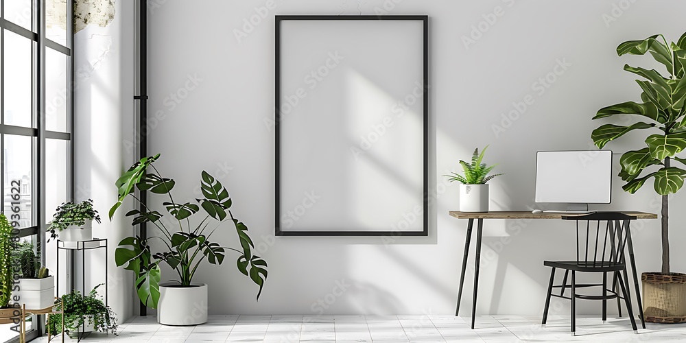 Poster mockup frame in a bright, simple office interior. Minimalist setup with clean lines and a clutter-free desk