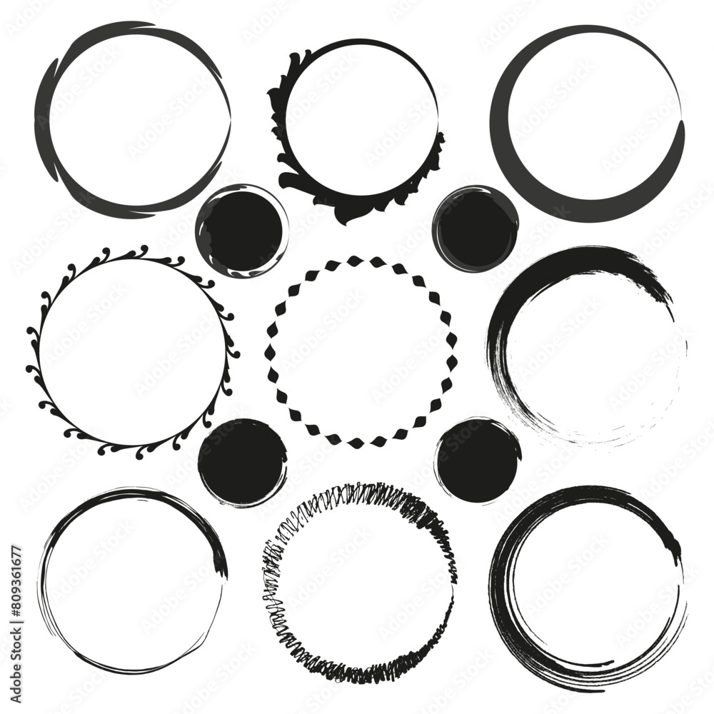 Poster circular brush strokes set. grunge round frames collection. ink splatter borders. abstract vector ci