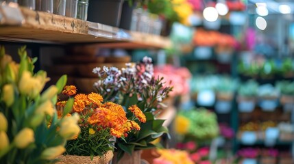 A vibrant image of a well-arranged floral display in a flower shop filled with diverse species and colors, capturing a blend of natural beauty and commercial charm