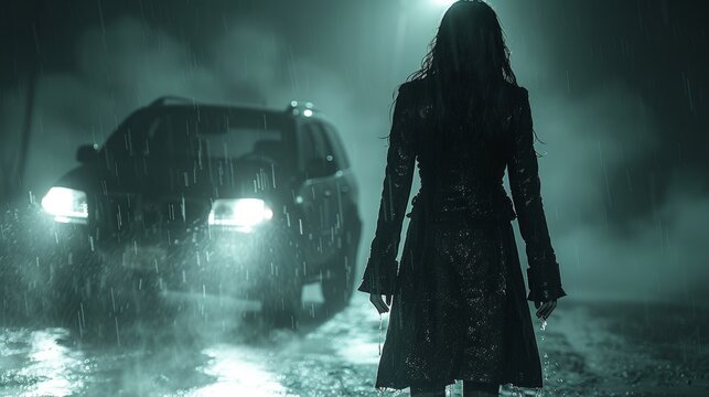 A mysterious woman standing in the rain at night with her back turned, facing a dimly lit car in a suspenseful, cinematic setting