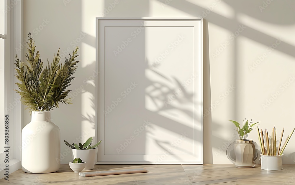 Aufkleber mockup frame in a serene office space. Emphasized simplicity and cleanliness against a light background