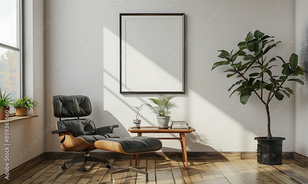 Poster mockup frame in a serene office space. Emphasized simplicity and cleanliness against a light background