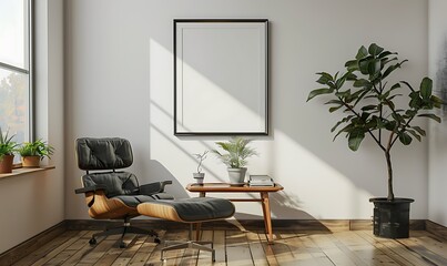 mockup frame in a serene office space. Emphasized simplicity and cleanliness against a light background