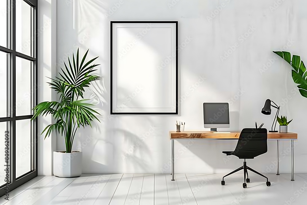 Poster mockup frame in a clean, bright office interior. prioritize simplicity and minimalism in the design