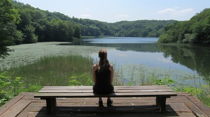 A woman seated alone on a wooden bench overlooking a serene lake surrounded by lush green forests under a clear blue sky, embodying a moment of solitude and tranquility in nature