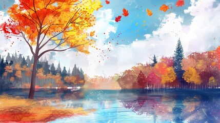 Illustration painting colorful autumn, summer season nature background. Abstract art image of forest, tree with yellow, red leaf, blue cloud in sky and lake with watercolor paint. Outdoor landscape