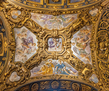 MILAN, ITALY - MARCH 5, 2024: The baroque ceiling with the frescoes angels with the florwer in the side nave of church Chiesa di San Vittore al Corpo.
