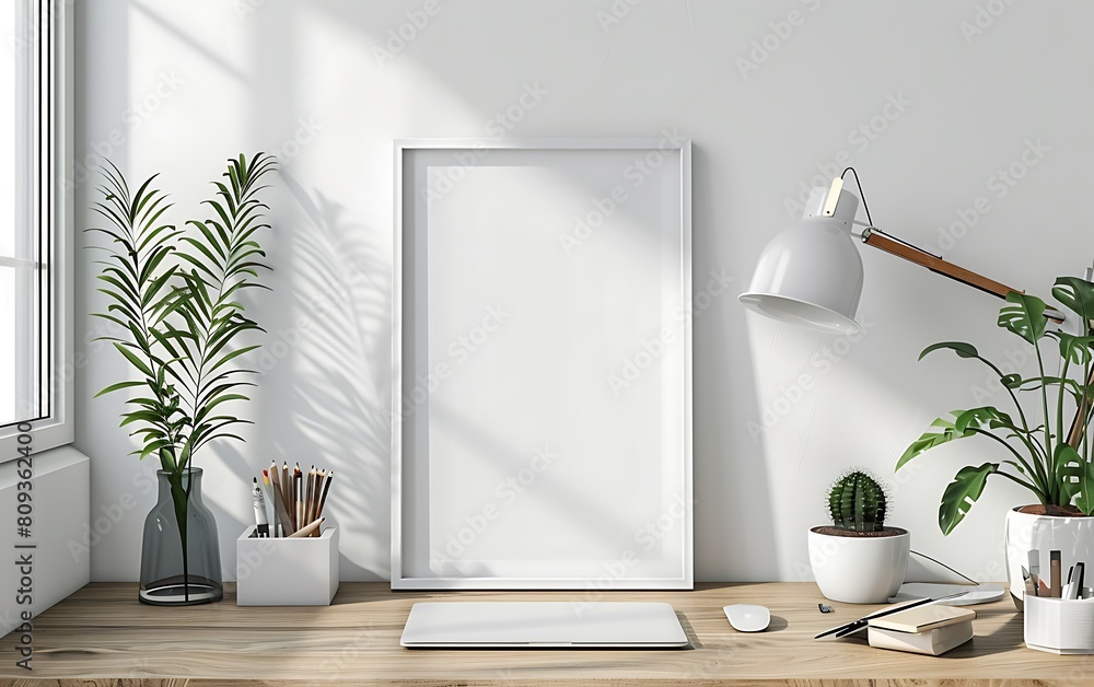 Aufkleber white frame mockup against a cozy, clutter-free office background. opt for simplicity and neatness i