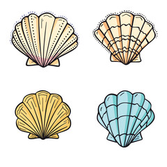 Seashell collection features various colorful scallop shells. Set sea shells different color schemes, handdrawn style. Cartoon scallop seashells isolated white background marine themes