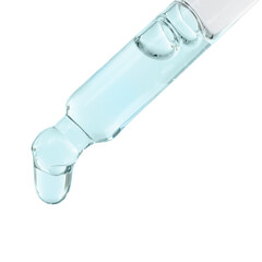 Dripping medical drops from pipette on white background