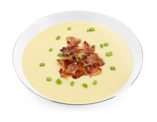 Tasty potato soup with bacon and green onion in bowl isolated on white