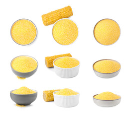 Set with uncooked cornmeal in bowls isolated on white, top and side views
