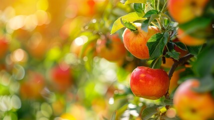 Sunlight gently warms ripe red apples hanging abundantly on lush green branches, creating a vivid and alluring scene in a peaceful orchard