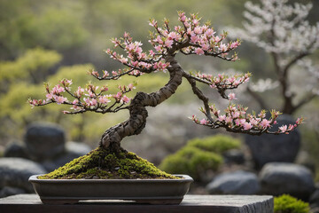 An elegant bonsai tree featuring delicate buds just beginning to bloom
