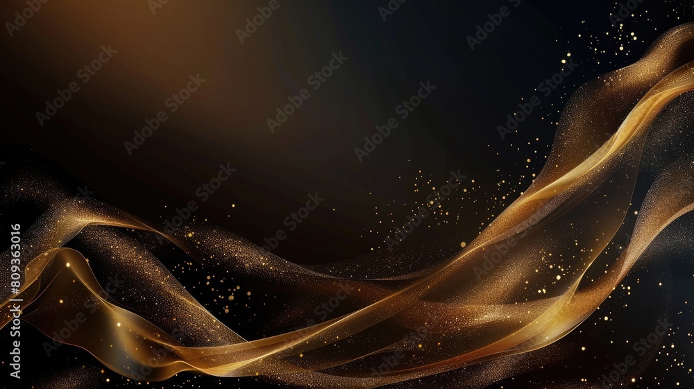 Poster abstract golden waves with sparkling particles on dark background