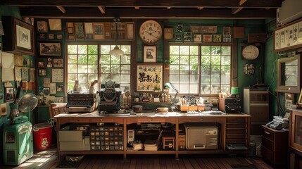 Naklejka premium A vintage collector's workstation filled with old radios, typewriters, and assorted memorabilia, showcasing a blend of nostalgia and creativity in a rustic setting with natural lighting