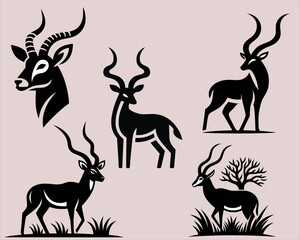 set of deer silhouettes. Black silhouette set of african wild black-tailed gazelle with long horns cartoon animal design flat vector illustration on white background side view antelope. illustration