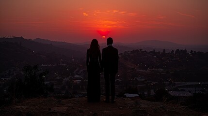 Two Silhouetted People Enjoying a Dramatic Sunset Overlooking a Cityscape, Capturing a Moment of Tranquility and Connection