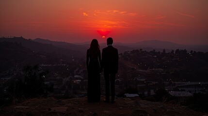 Fototapeta premium Two Silhouetted People Enjoying a Dramatic Sunset Overlooking a Cityscape, Capturing a Moment of Tranquility and Connection