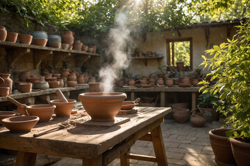 a pottery workshop set in a scenic outdoor environment