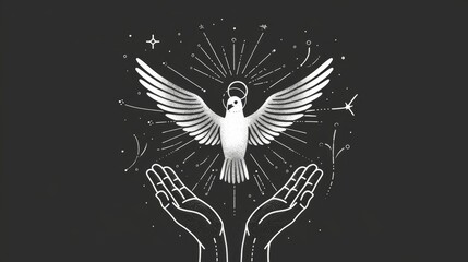 Minimal line art vector-style image of iconic religious black and white dark and light justification sunlit bird and hands with rays AI generated