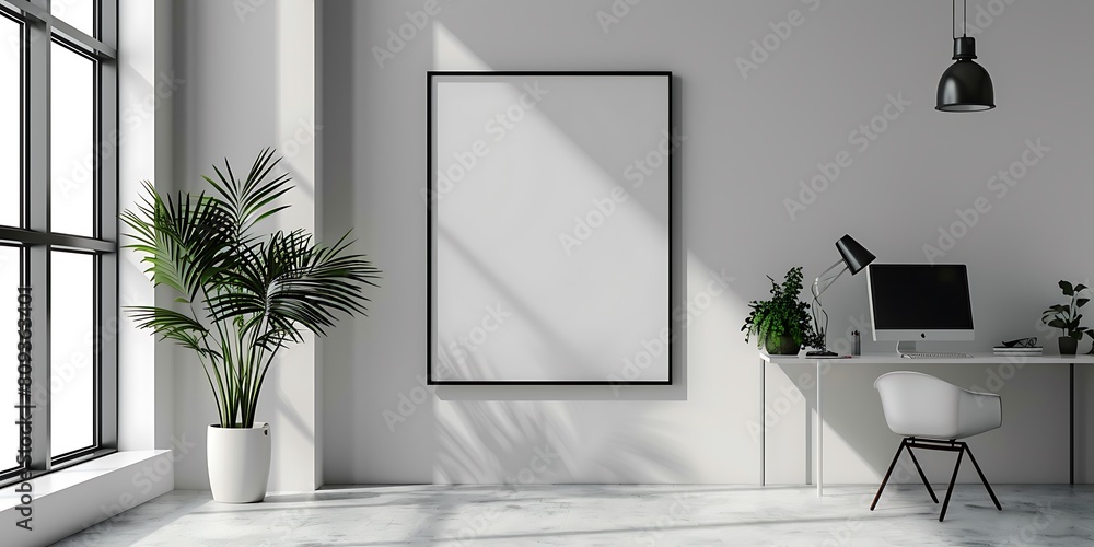 Aufkleber white frame mockup in a serene, well-lit office space. Keep the design minimal and clean with a tidy table